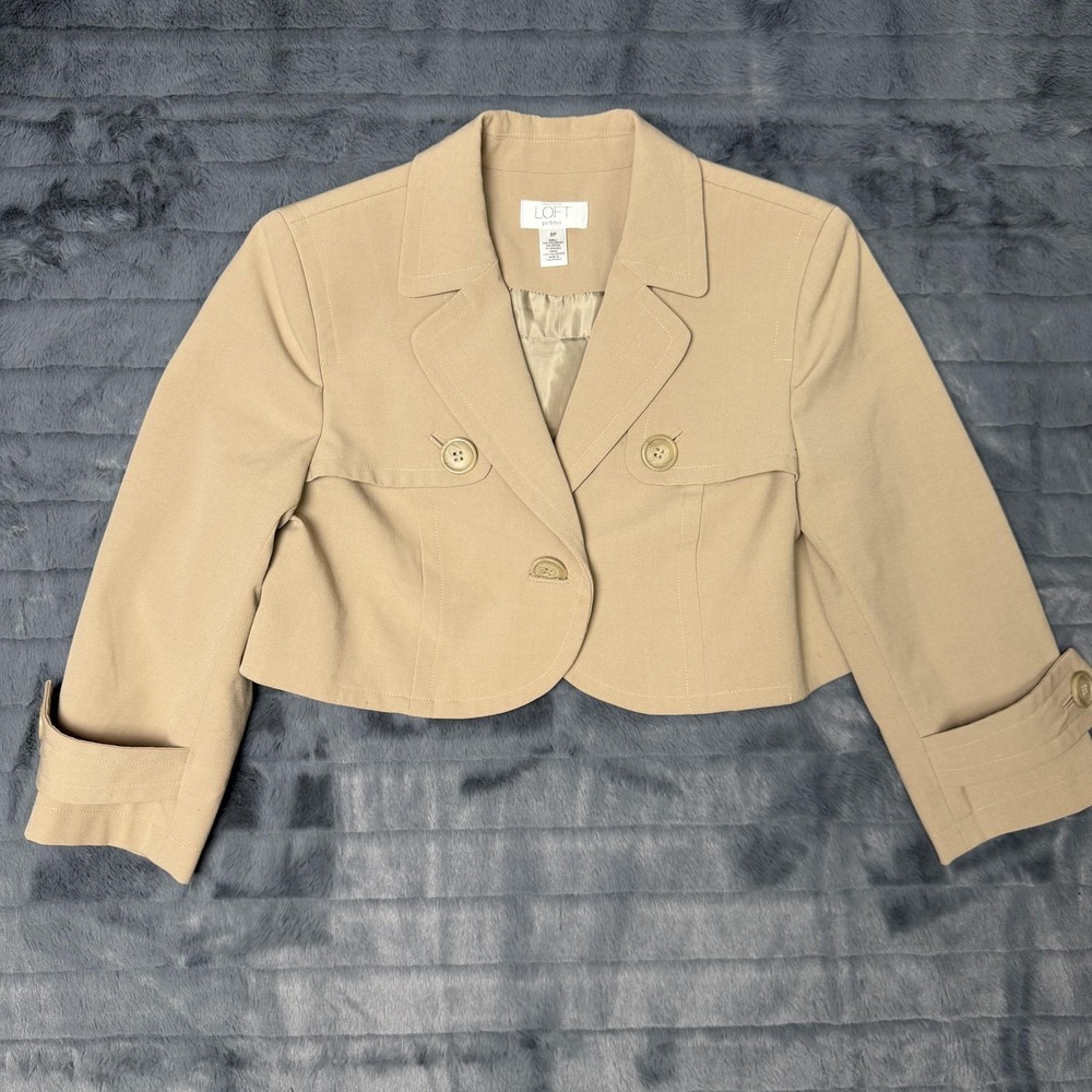LOFT Blazer Womens 8P Beige Petite Cropped Single Breasted Lined Twill Jacket